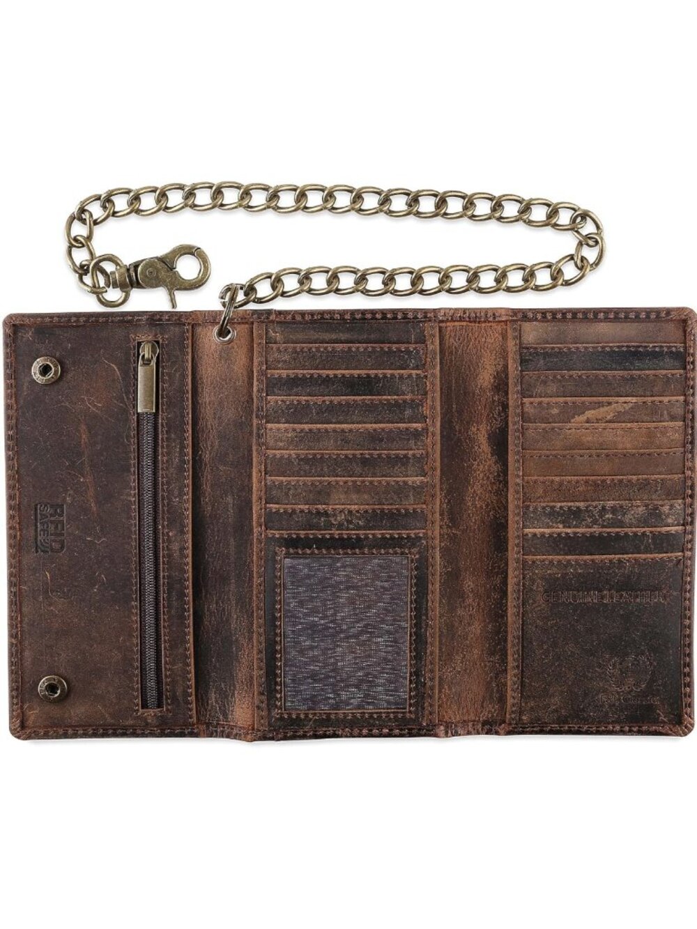 Classic RFID Blocking Men's Tri-Fold Leather Wallet with Steel Chain - Vintage